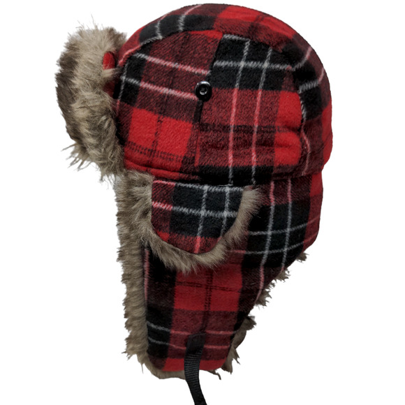 Unbranded Men's Trapper Hat Red Plaid Quilted Lined Vegan Fur Ear Flaps - Picture 1 of 9